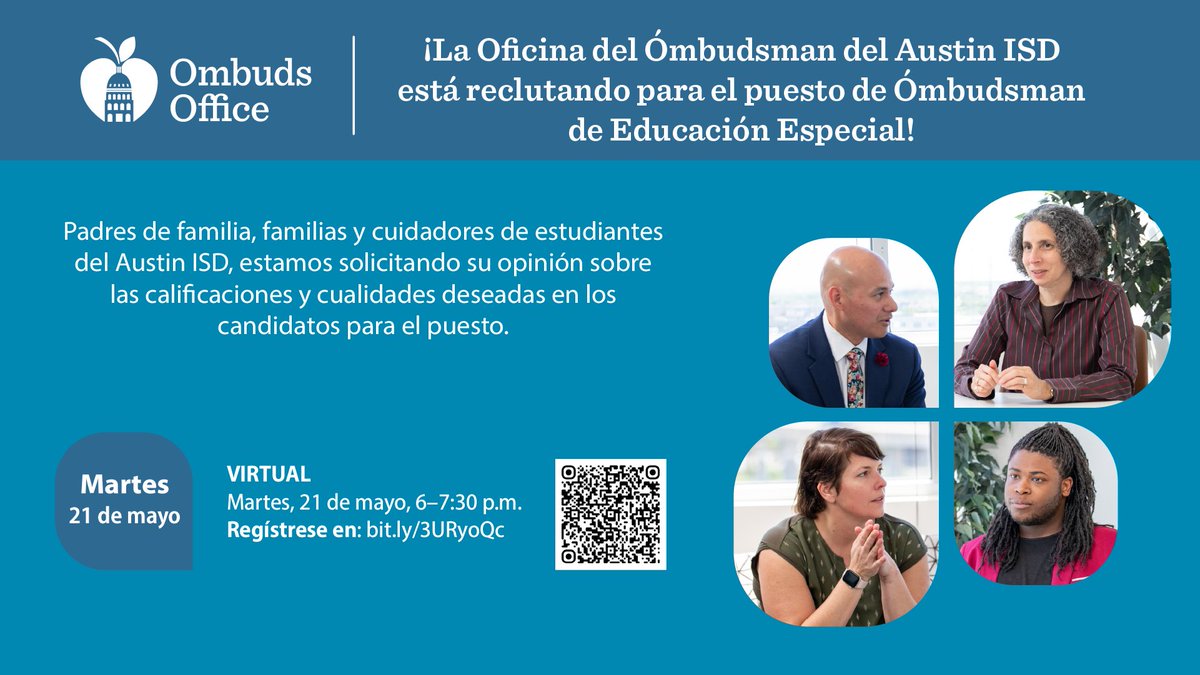 AISD Office for Organizational Transformation (@aisd_oot) on Twitter photo We hope you are able to spread the word and join us on Tuesday, May 21 from 6-7:30pm to provide input on the special education ombudsperson. Please use the following registration link to sign up: austinisd-org.zoom.us/meeting/regist…. For more info contact ombuds@austinisd.org. We hope you are able to spread the word and join us on Tuesday, May 21 from 6-7:30pm to provide input on the special education ombudsperson. Please use the following registration link to sign up: austinisd-org.zoom.us/meeting/regist…. For more info contact ombuds@austinisd.org.