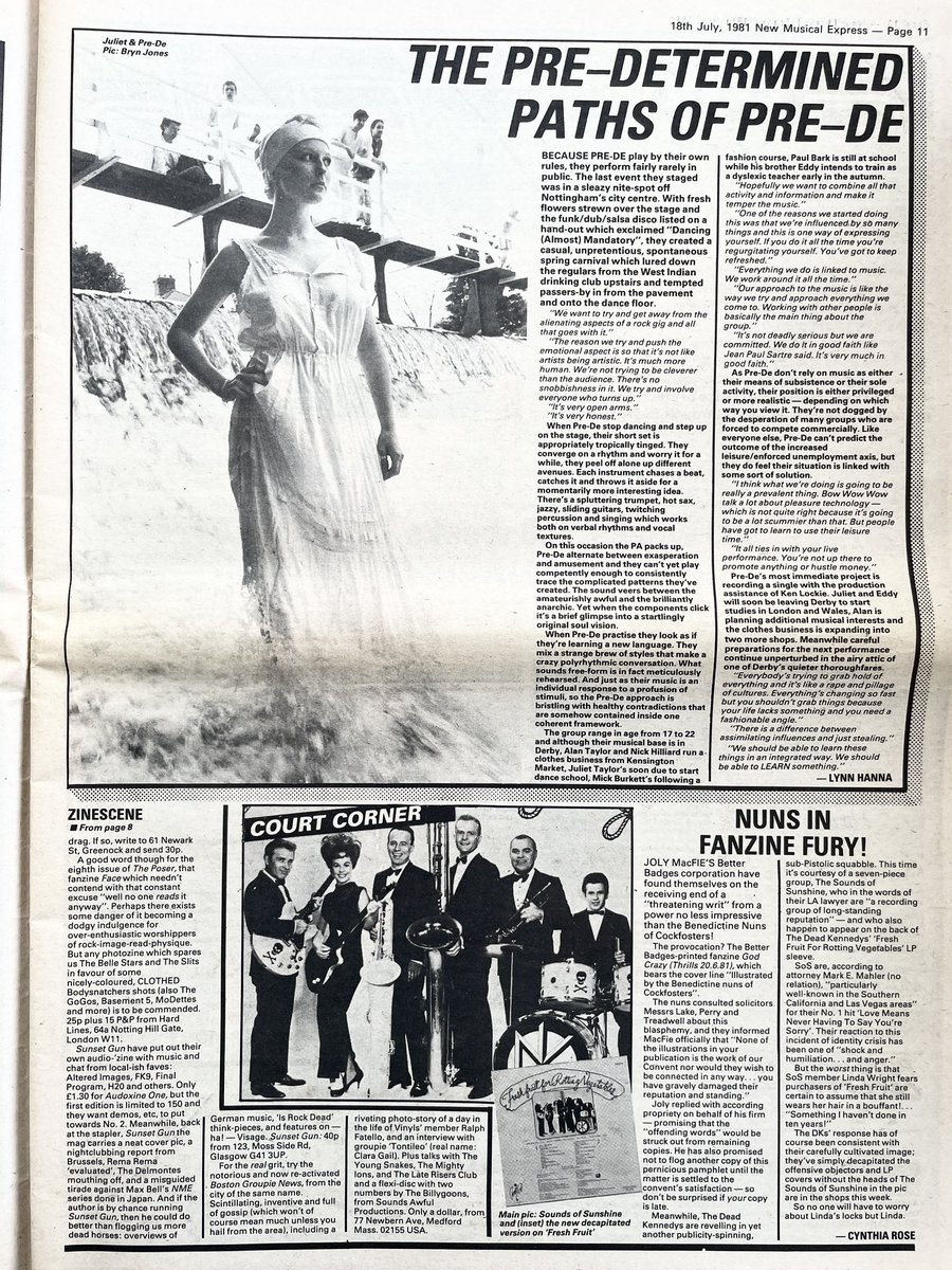 Fanzine review by Cynthia Rose - Tear It Up, Sunset Gun, Voices 2, and more. A Tony Benyon cartoon. Pre-De interviewed by Lynn Hanna. Plus Better Badges and Dead Kennedys news. New Musical Express, 18 July 1981. @Detroit67Book