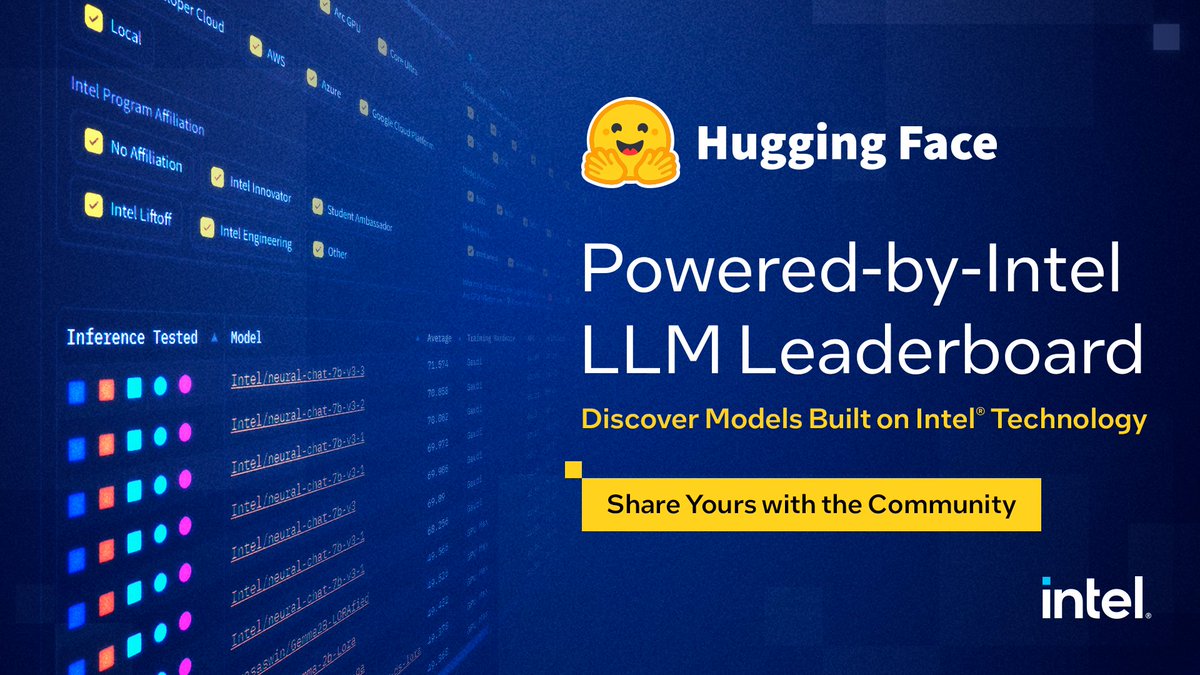IntelSoftware's tweet image. Take the #LLMs you pre-trained and fine-tuned on Intel hardware and share them with your peers! Celebrate your model and get it evaluated on #IntelDeveloperCloud today. intel.ly/4bErP9h @huggingface