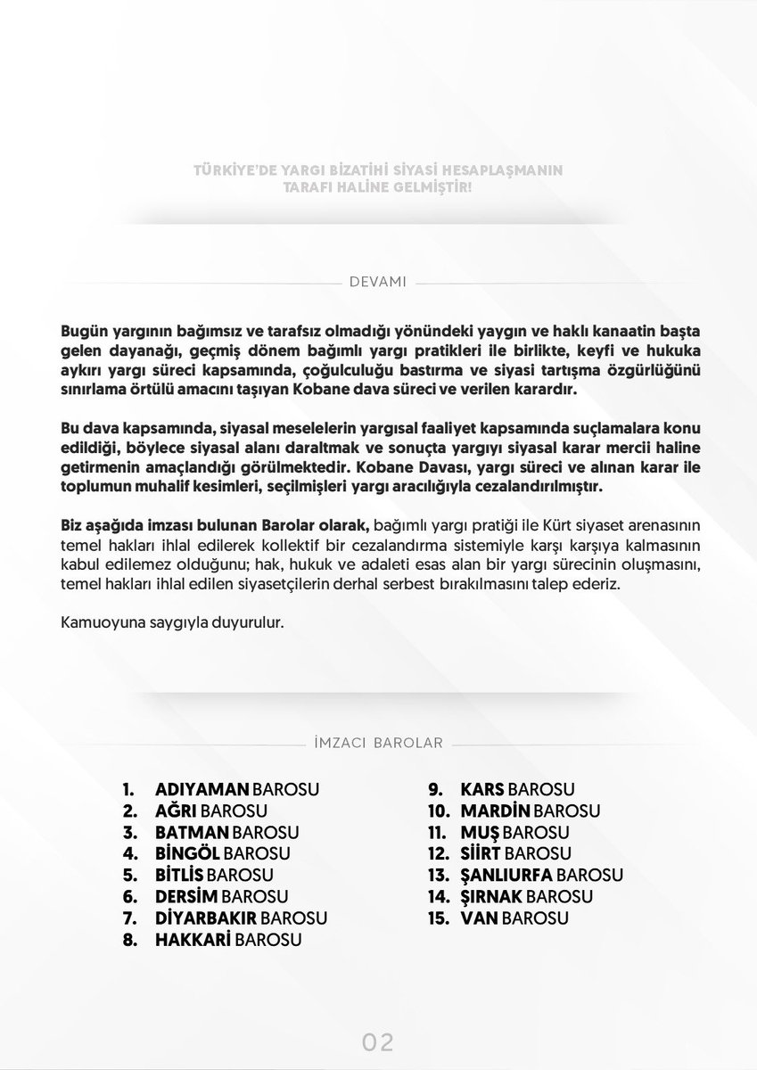 Ortak Açıklama;

 "Türkiye'de Yargı Bizatihi Siyasi Hesaplaşmanın Tarafı Haline Gelmiştir!"