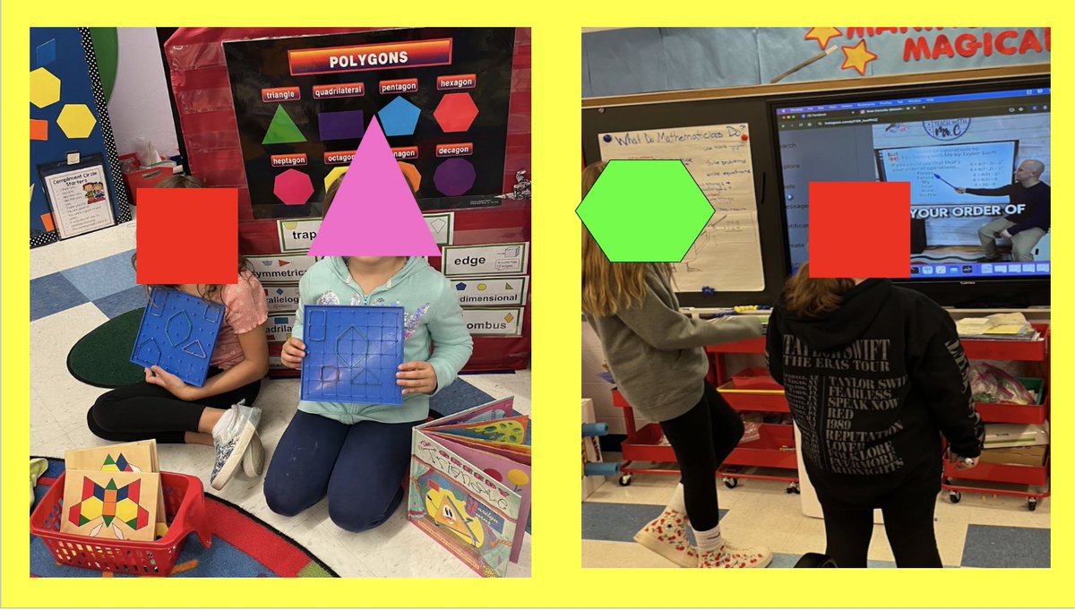 Who else gets to have this much fun at work? The Greedy Triangle and geo boards for 2nd graders, and the Swifties showed up for a  PEMDAS song with my 5th graders! Thanks <a href="/TeachwithMrC/">Sean Connolly</a> !!! They loved it! #makingmathmagical