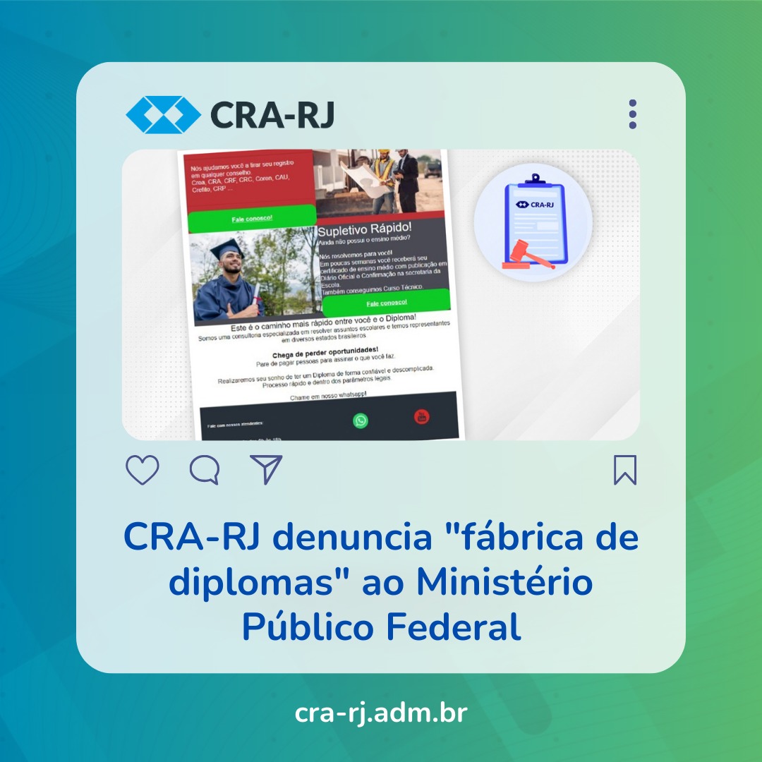 👨‍🎓Mais uma vez, o CRA-RJ atua contra a falsificação de diplomas realizando uma denúncia ao Ministério Público Federal contra o fraudador, que está enviando e-mails propagando 'diploma fácil com supletivo rápido'. Lei mais aqui👇 mla.bs/52f5696a