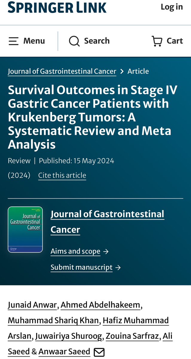 📣 New Publication Alert📣
Excited to share our meta-analysis on survival in stage IV #gastric_cancer patients with ovarian metastases who underwent chemotherapy, surgical resection, or a combined approach
<a href="/JournalGICancer/">Journal of Gastrointestinal Cancer</a>. Thanks Dr. <a href="/AnwaarSaeed3/">Anwaar Saeed</a> for your guidance #OncTwitter