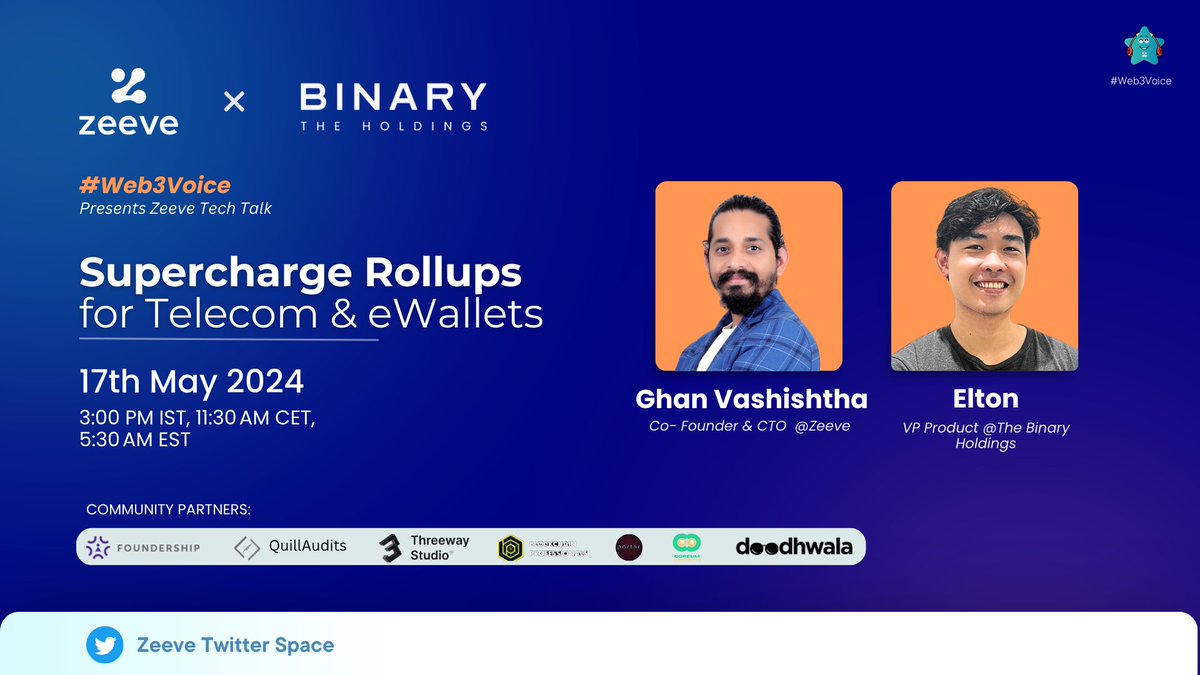 0xZeeve's tweet image. T Minus 6 hours until our enthralling AMA starts with @thebinaryhldgs ⌛

Set your reminder here -  👈🏾

Speakers - @GhanVashishtha and @TxnSheng 
Topic - Supercharge #Rollups for #Telecom &amp;amp; #eWallets