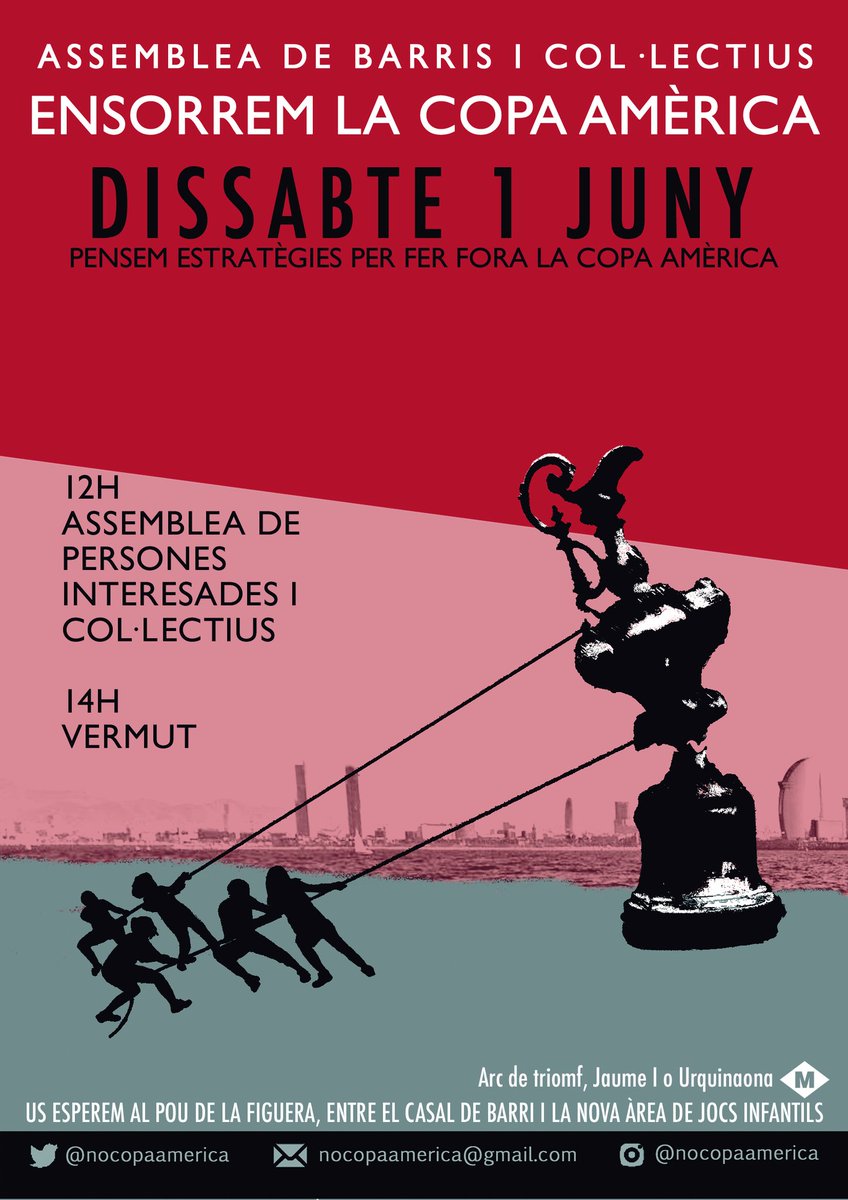 Han aixecat un model que ens ofega i empobreix. Han muntat una Copa que ens expulsa. 🏆💸 Entre totes tombem la bèstia. 🤜🏽🧟‍♀️🤛🏽 ENSORREM LA COPA AMÈRICA. 💥 Assemblea de barris i col•lectius per organitzar com la fem fora. 📆 Dissabte 1 de juny, 12h. 📍 Forat de la vergonya.