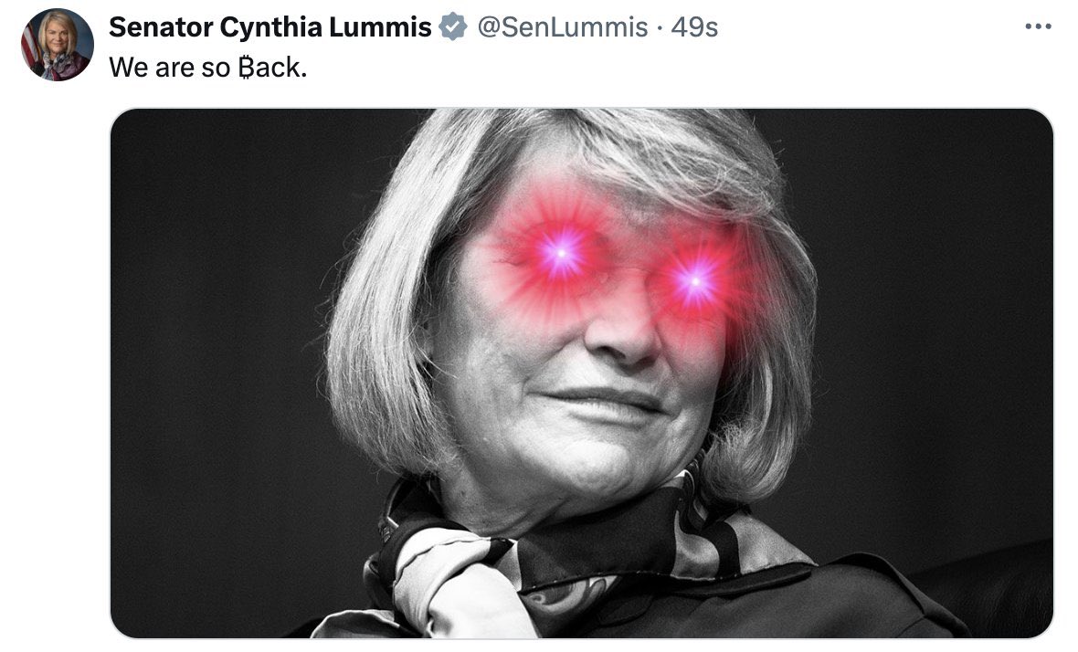 JUST IN: 🇺🇸 US Senator Cynthia Lummis posts #Bitcoin laser eyes after pro-crypto legislation passed in the Senate today.