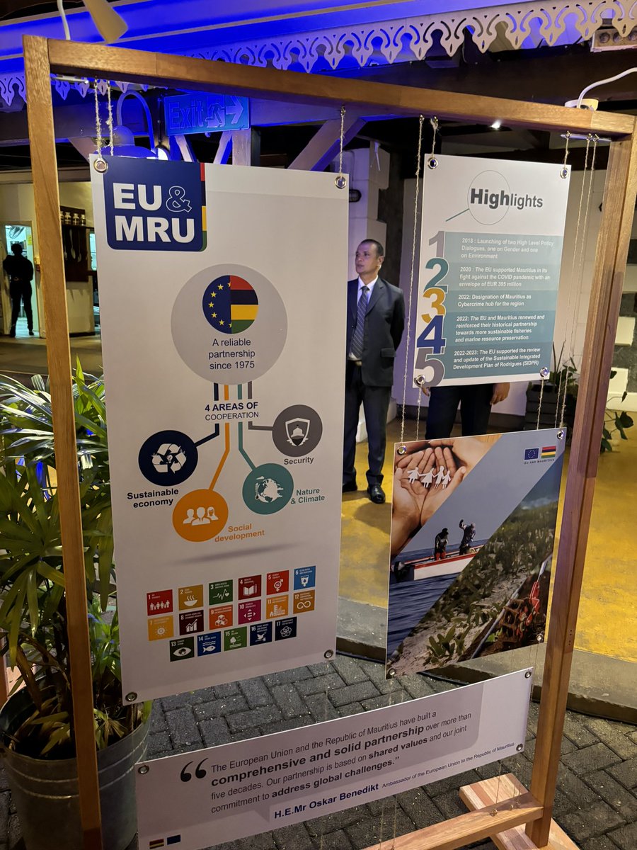 KPeyron's tweet photo. About last week…so happy to attend 9 May #EuropeDay celebrations in Mauritius while on private break. Super event, exhibition on cooperation EU-Mauritius. Great to meet EU Delegation colleagues and Mauritian partners! Thank you to the EU Del for the invite! 🇲🇺🇪🇺 #EUinMauritius https://t.co/qhTUS38XvT