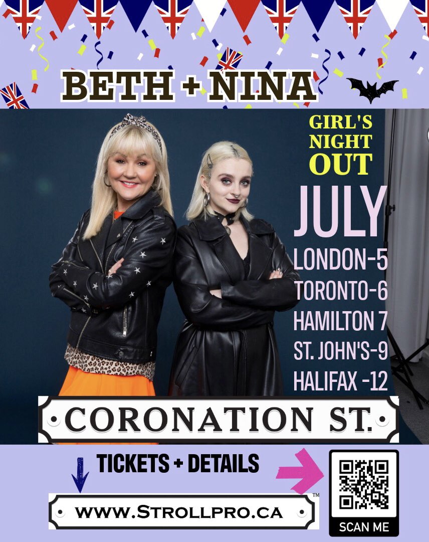 #Corrie Fun in July. Girl’s Night Out hits these cities. If you Like Corrie you will love this. Details strollpro.ca @atthePalace #BeachUnited @TheWestdale @HeartTheatreNL @BellaRoseArts