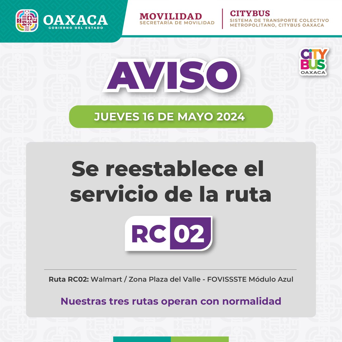 Informamos que hace unos momentos, nuestra ruta RC02 se ha reactivado en su trayecto alterno. Exhortamos a las personas usuarias que asciendan y desciendan bajo demanda.