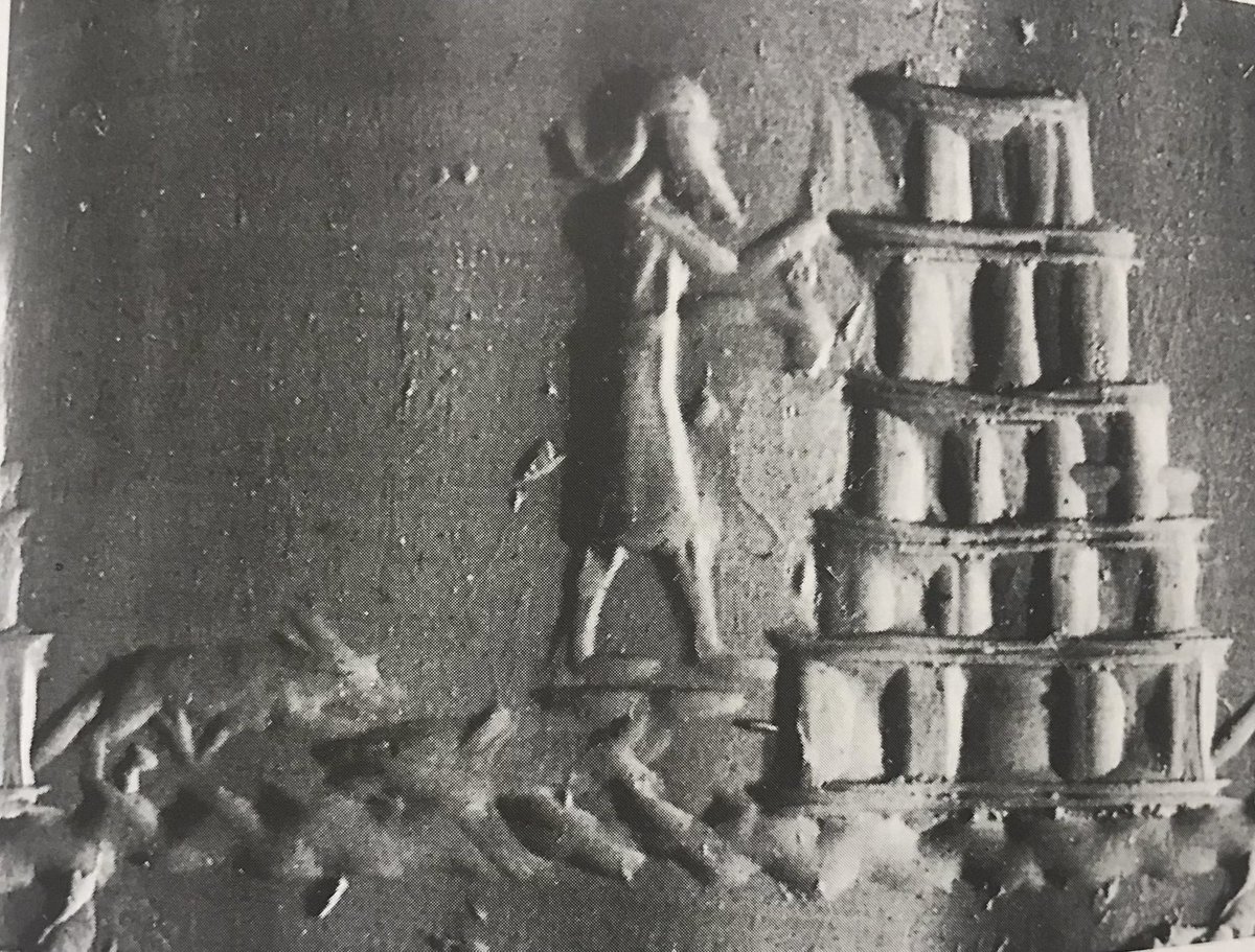 Babil’den silindir mühür baskısı. Beş basamaklı bir zigguratın önünde bir rahip ve arkasında balık yakalayan bir tilki tasvir edilmiş. Vorderasiatisches Müzesi/Berlin