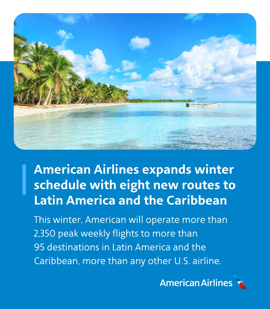 More fun in the sun during winter months? With eight new routes connecting Charlotte 🏙️, New York🗽, Miami 🌴 and Philadelphia 🔔 to Latin America and the Caribbean ☀️, we got you covered. bit.ly/3QQrrwt