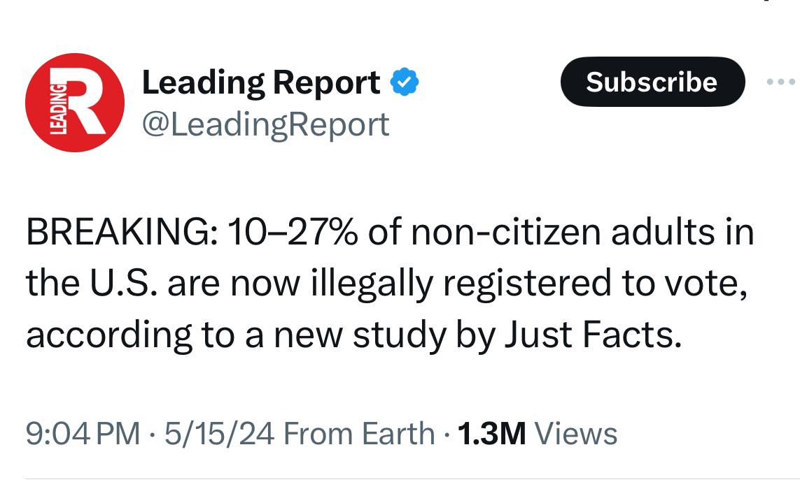 So if 30 million 'undocumented' border jumpers aka illegals entered the US since Biden took office, according to this number there could be 3-6 million new illegally registered voters set to go for November. ONCE AGAIN: IF 2020 ELECTION THEFT IS NOT FIXED THERE WILL BE PROBLEMS!