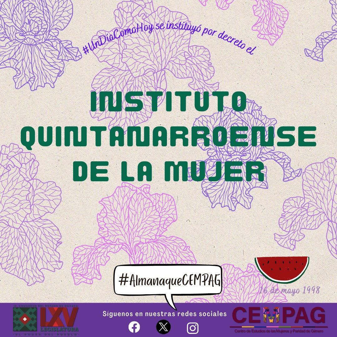 #UnDíaComoHoy mediante decreto se instituyó el Instituto Quintanarroense de la Mujer.
Consulta el #AlmanaqueCEMPAG en  t.ly/huGhb