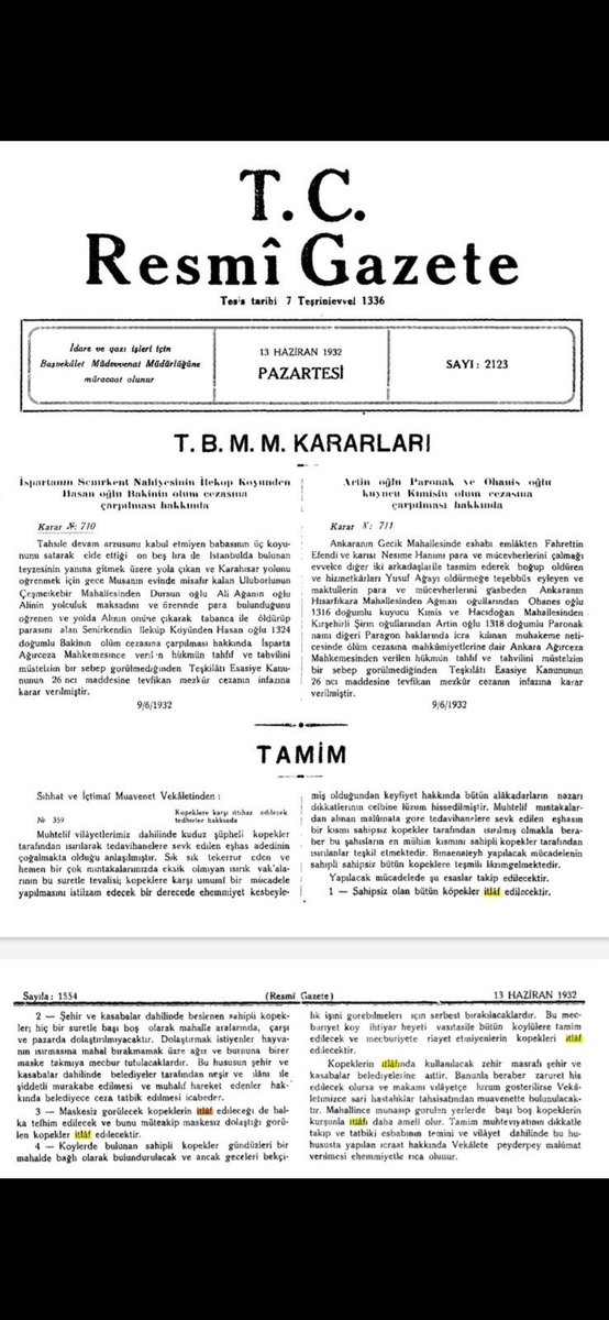 Atatürk’ün sokak hayvanları konusunda 13 Haziran 1932'de aldığı tedbirler: ▪Sahipsiz olan bütün sokak köpekleri itlaf edilecektir. ▪Şehir ve kasabalarda sahipli köpekler kesinlikle sokak aralarında, çarşı ve pazarda başıboş gezdirilmeyecektir. Sokak Köpekleri Toplatılsın ❗️