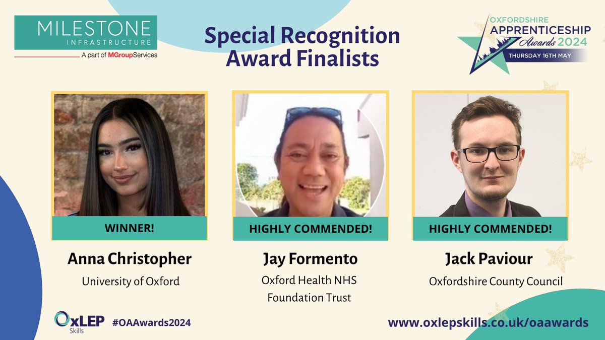 🌟 Congratulations Anna Christopher <a href="/UniofOxford/">University of Oxford</a> <a href="/OxUniApprentice/">Apprenticeships</a> &amp; <a href="/AbWitCollege/">Abingdon & Witney College</a>, Jay Formento <a href="/OxfordHealthNHS/">Oxford Health NHS FT</a> and Jack Paviour <a href="/OxfordshireCC/">Oxfordshire County Council</a> - finalists in the #Oxfordshire #Apprenticeship Awards 2024 @Milestone_Infra Special Recognition Award! #OAAwards2024