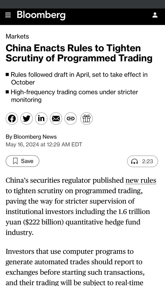Look how quickly regulators in China work to stop market manipulation '...The new rules, set to take effect Oct. 8, also list requirements on risk control and technology systems, and allow tighter scrutiny of high-frequency trading. The final rules came shortly after a draft