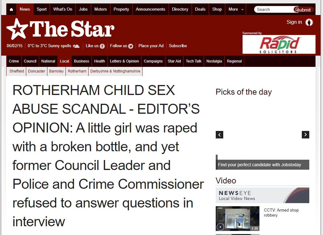 'A little girl was raped with a broken bottle, & yet former Council Leader & Police & Crime Commissioner refused to answer questions in interview. Why, asks The Star.' Alas the main article URL from 2015 has disappeared but here is an archive version. archive.is/sHsq0
