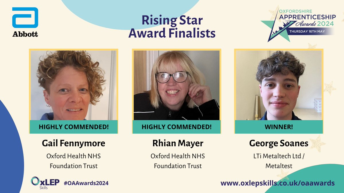 Oxfordshire Apprenticeship Awards (@oaawards) on Twitter photo π Congratulations to Gail Fennymore & Rhian Mayer <a href="/OxfordHealthNHS/">Oxford Health NHS FT</a> and George Soanes <a href="/LTiMetaltech/">LTi Metaltech</a> & <a href="/engineertrust/">The Engineering Trust</a> - finalists in the #Oxfordshire #Apprenticeship Awards 2024 <a href="/AbbottNews/">Abbott</a> Rising Star Award! #OAAwards2024 π Congratulations to Gail Fennymore & Rhian Mayer <a href="/OxfordHealthNHS/">Oxford Health NHS FT</a> and George Soanes <a href="/LTiMetaltech/">LTi Metaltech</a> & <a href="/engineertrust/">The Engineering Trust</a> - finalists in the #Oxfordshire #Apprenticeship Awards 2024 <a href="/AbbottNews/">Abbott</a> Rising Star Award! #OAAwards2024