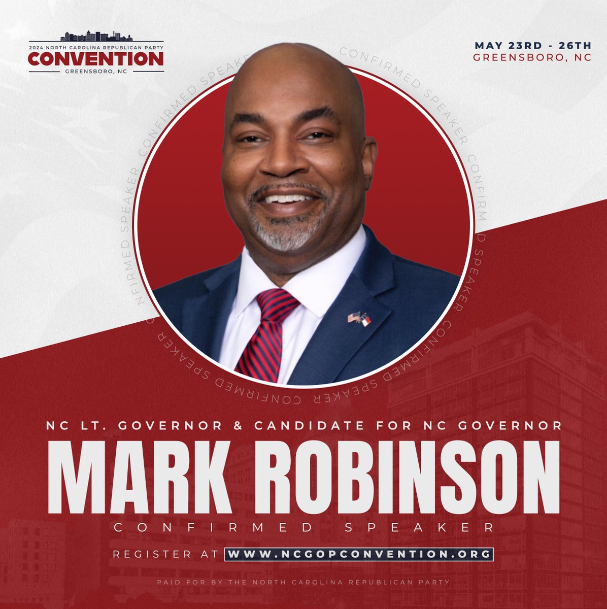 The North Carolina Republican Party is thrilled to have candidate for Governor, our Lt. Governor @markrobinsonNC speak at this year's State Convention! 
#NCPOL #NCGOV