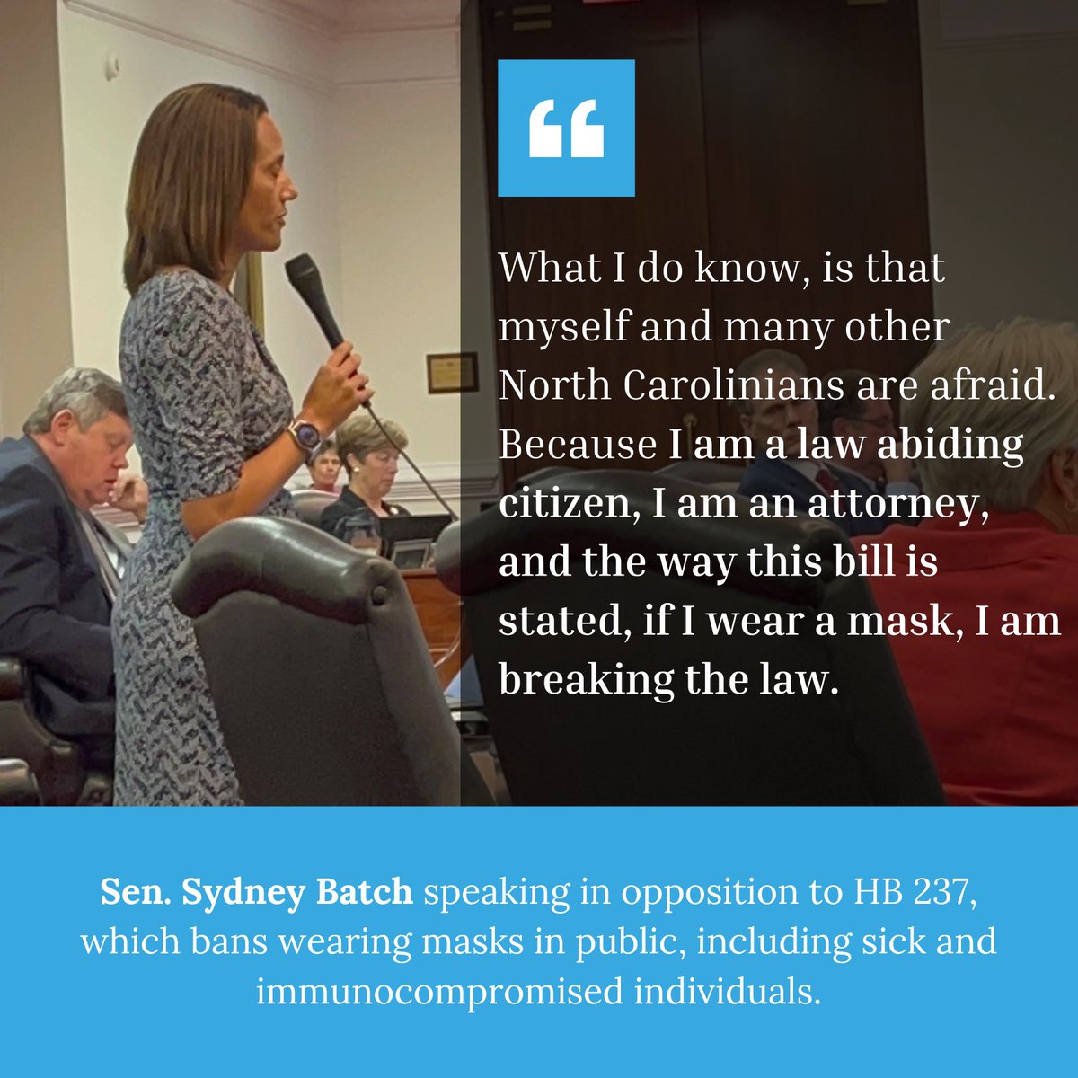 I stand firm in opposition to HB 237, which bans wearing masks in public for sick and immunocompromised individuals. As a law-abiding citizen and an attorney, the way this bill is written means that if I wear a mask in public, I am breaking the law. #NCpol