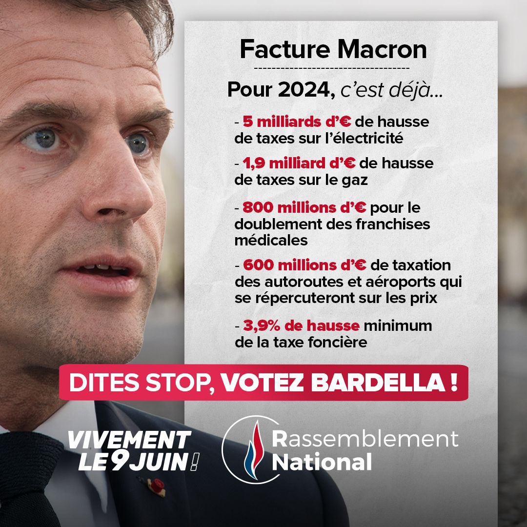 🔴 Avec Macron, la facture explose ! Plus d’1 Français sur 3 vit avec moins de 100€ dès le 10 du mois mais les taxes augmentent, prenant à la gorge nos compatriotes qui ne peuvent plus vivre dignement. Le 9 juin avec @J_Bardella, dites stop ! #VivementLe9Juin #LEvenement