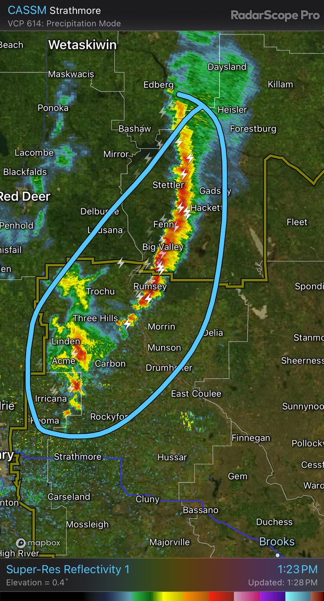 Line of storms moving through Big Valley CASSM - Super-Res Reflectivity 1 1:23 PM #ABStorm