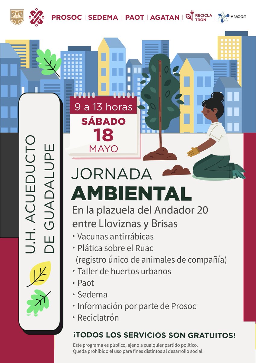 Jornada Ambiental en TUnidad🍃🏬 Acércate al stand PAOT y conoce más sobre bienestar animal, tutela y adopción responsable @AdoptaCDMX 🐶🐈‍⬛ 🗓️ sábado 1⃣8⃣ de mayo UH Acueducto de Guadalupe📍maps.app.goo.gl/EStPrrGcMT9m2S… 💉vacunación antirrábica Reciclatrón♻️ ℹ️ RUAC 🖥️ Talleres🎯