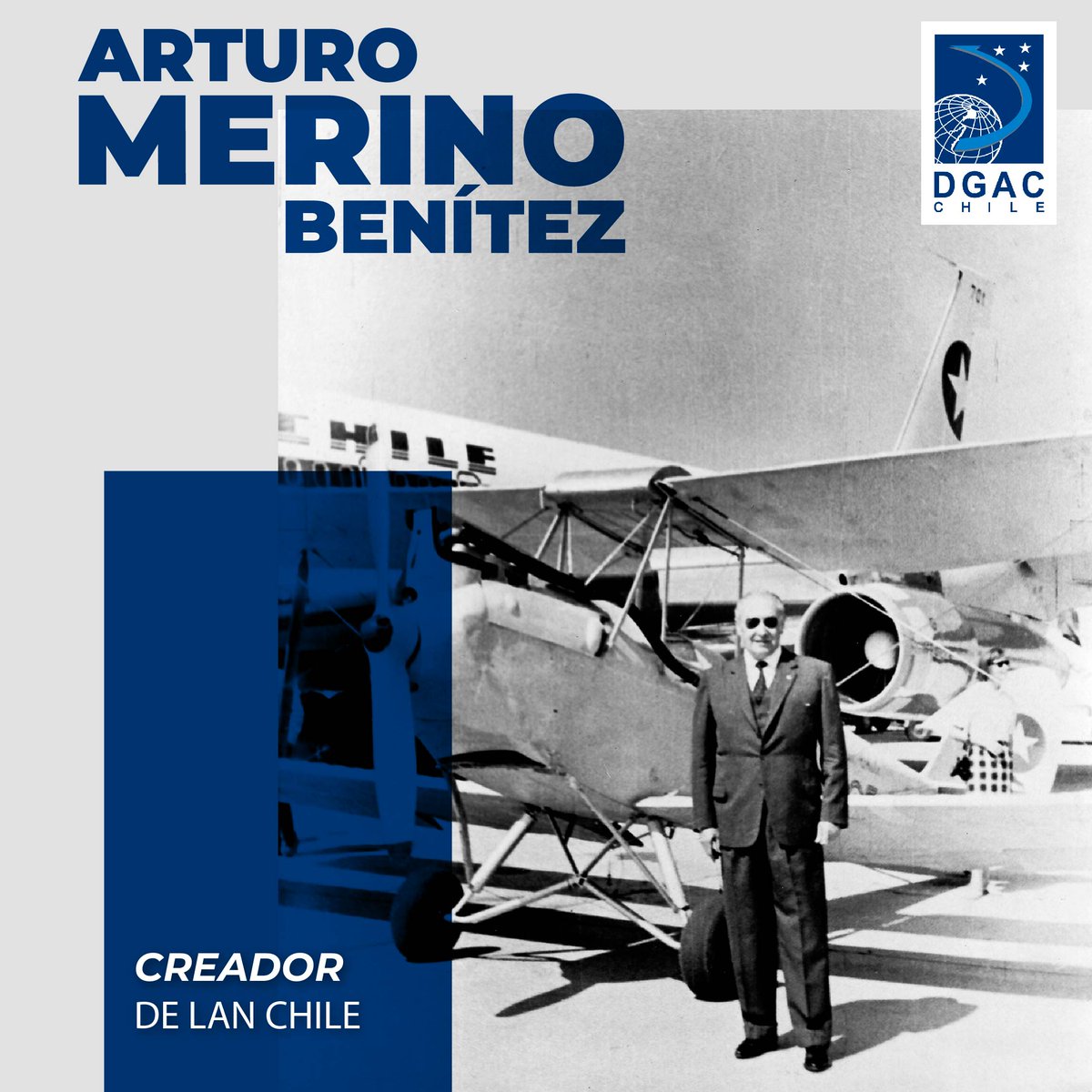 #DatosDGAC recordamos al prócer aeronáutico Arturo Merino Benítez como el propulsor del transporte aéreo en el país con la “Línea Aérea Aeropostal Santiago-Arica” que al pasar de los años, se transformaría en la Línea Aérea Nacional (LAN) primera aerolínea comercial de Chile.
