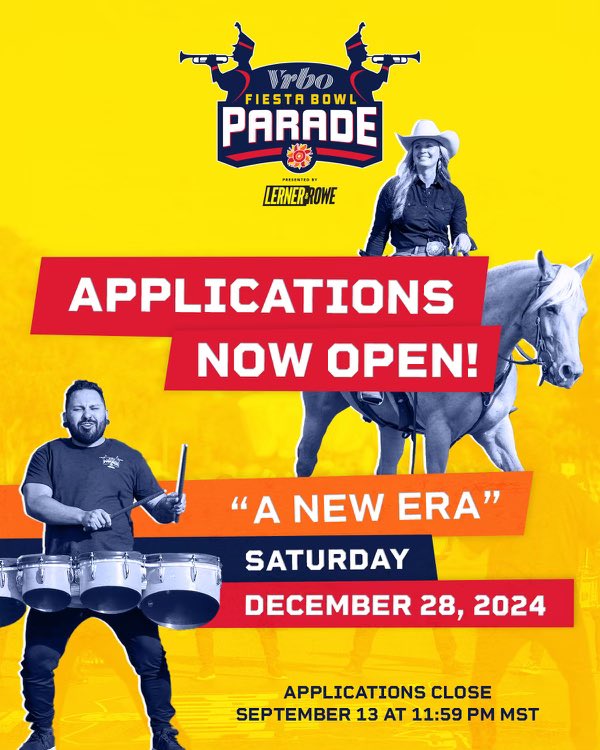 🎉🎺🎈 A new date closer to New Year’s was announced today for the @Vrbo #FiestaBowlParade presented by @LernerandRowe! The 52nd annual event will take place on Sat, Dec. 28, with the theme of “A New Era” to reflect the expansion of the @CFBPlayoff, as well as the organization’s