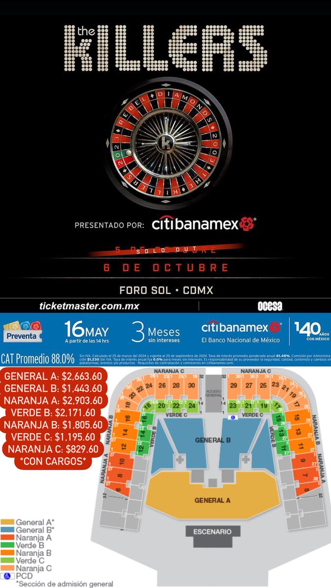 The Killers ⚡️ México 🇲🇽 Rebel Diamonds Live On Tour 🎵 🗓️ 6 de Octubre del 2024 🗓️ 🏟️ Foro Sol 🏟️ 📍 CDMX 📍 🎟️ Preventa Citibanamex 🎟️ 2:00 PM 💳 Únicamente tarjetas débito/crédito Banamex 💳 Límite: 6 Boletos 🎫 Lobby: 1:47 PM Link: bit.ly/4amDXuG 🎟️ Precios de