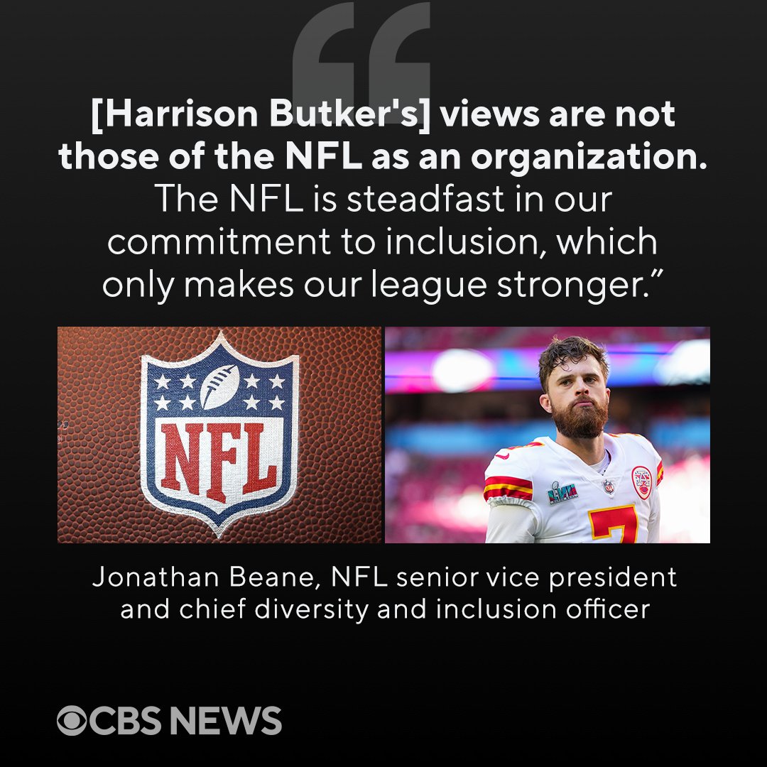 CBSNews's tweet photo. The NFL has responded to Kansas City Chiefs kicker Harrison Butker's comments made in a speech at Benedictine College, where he urged women to be homemakers and railed against Pride Month. https://t.co/jsUFDCeMVs https://t.co/uowIO2VOnW
