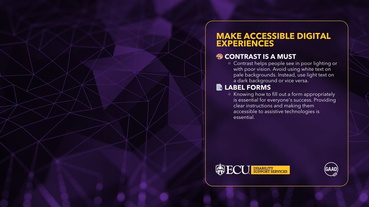 From managing a website to creating a document, it should always include accessible elements. Make sure your colors #contrast and label digital documents correctly. Utilizing these tips helps prioritize #ECUAccessibility digitally for all #Pirates. 💜