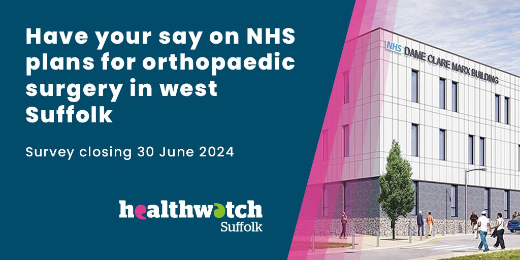Share views on plans to move some orthopaedic surgery from West Suffolk Hospital to a new facility in Colchester. Complete our web form now to share views, or contact us for help to take part. healthwatchsuffolk.co.uk/elective/ Survey closing 30 June 2024. Don't miss the chance to HYS.