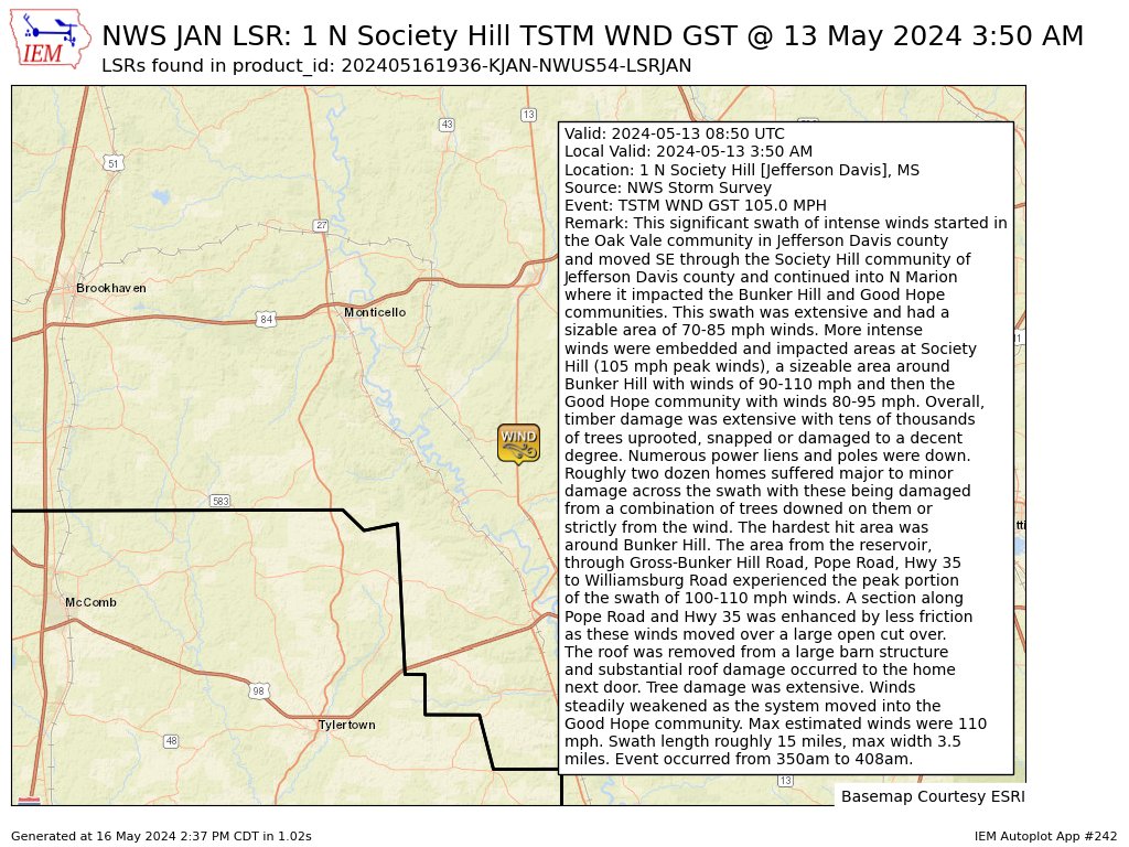 [Delayed Report] On May 13, at 3:50 AM CDT, 1 N Society Hill [Jefferson Davis Co, MS] NWS Storm Survey reports Tstm Wnd Gst of E105 MPH. This significant swath of intense winds started in the Oak Vale community in Jefferson Davis county and... #mswx mesonet.agron.iastate.edu/lsr/#JAN/20240…