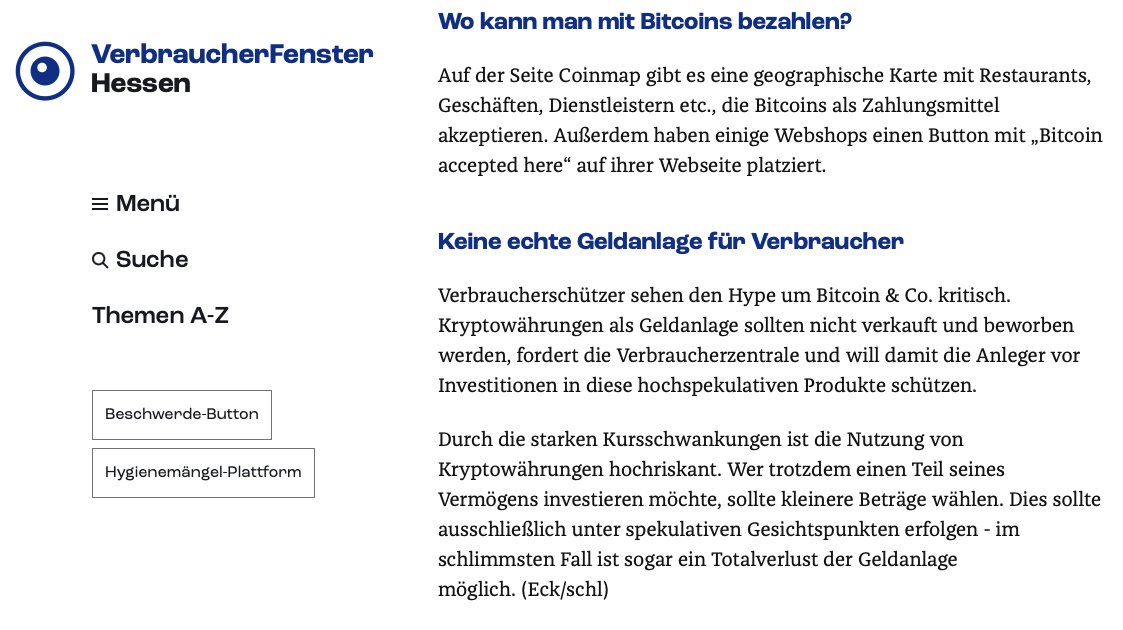 Die Verbraucherinformationen der Hessischen Landesregierung informieren über '#Bitcoin, Ethereum & Co. – Was sind Kryptowährungen?'. Sie sind der Meinung, dass diese nicht verkauft oder beworben werden sollen, um die Verbraucher vor hochspekulativen Produkten zu schützen.