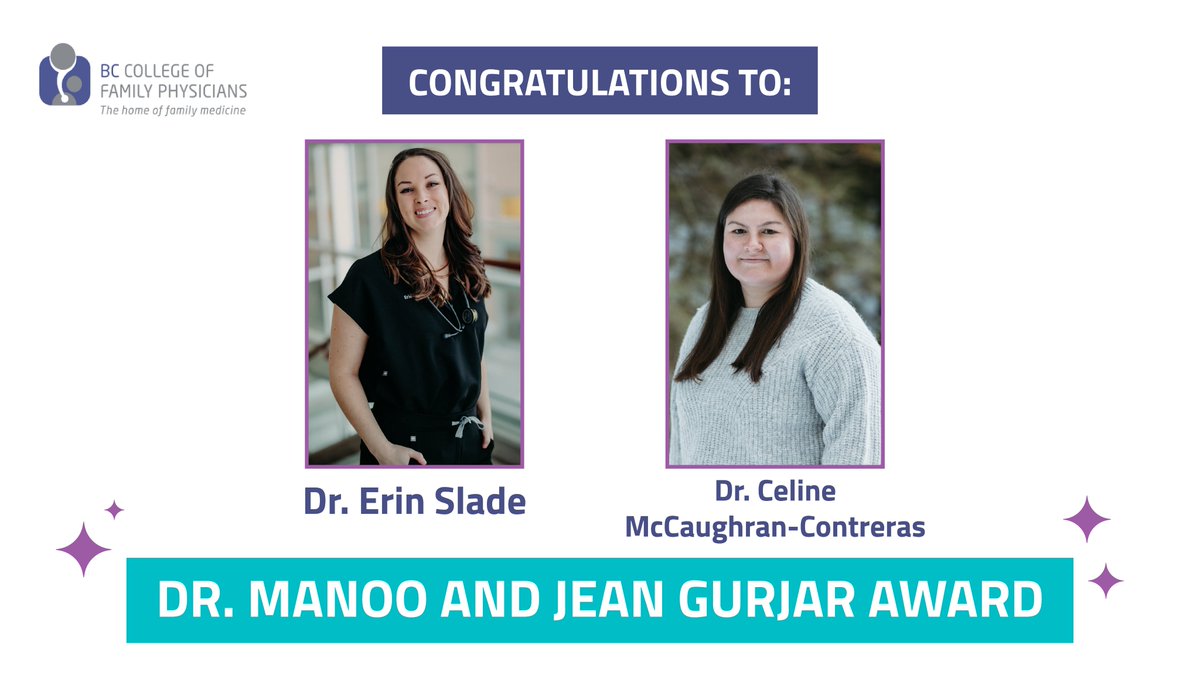 Congratulations to Dr. Erin Slade and Dr. Celine McCaughran-Contreras on receiving the Dr. Manoo and Jean Gurjar Award 🥳

Both demonstrate strong interest in social justice and serving diverse populations.  

To learn more, visit: bccfp.bc.ca/awards #BCCFPAwards24