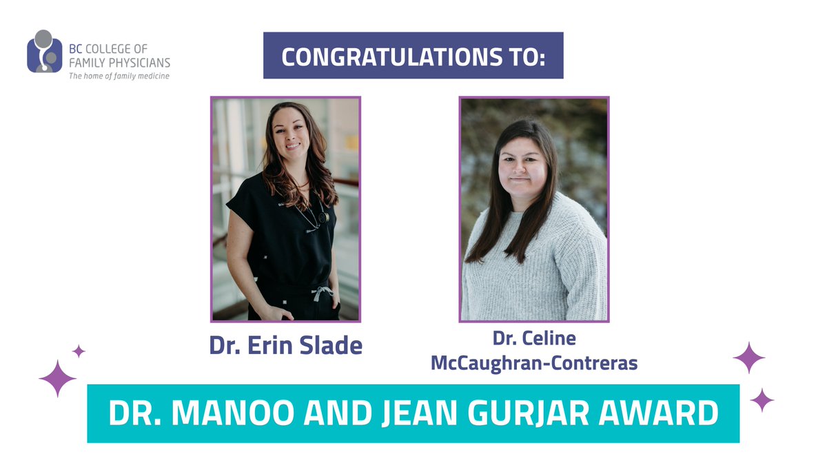 Congratulations to Dr. Erin Slade and Dr. Celine McCaughran-Contreras on receiving the Dr. Manoo and Jean Gurjar Award 🥳 Both demonstrate strong interest in social justice and serving diverse populations. To learn more, visit: bccfp.bc.ca/awards #BCCFPAwards24