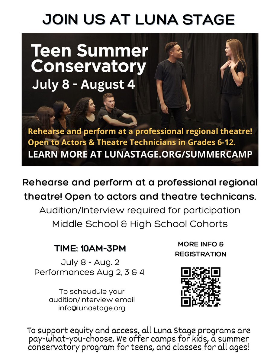 Do you know a young student who has a passion for theatrical arts? Support their growth with great summer programming from Luna Stage at lunastage.org/summercamp! #GoodtoGreat #MovingintoGreatness #OrangeStrong💪🏽