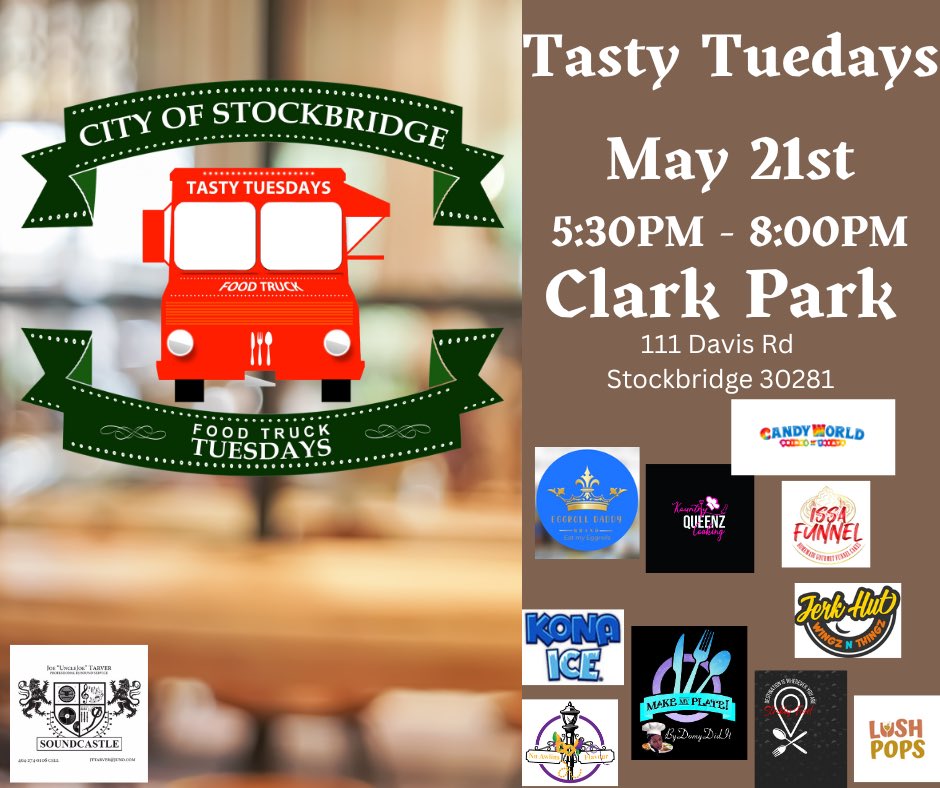 Meet us for dinner on next Tuesday! ✅ We shall see you at Clark Community Park at 111 Davis Road in Stockbridge, Georgia. Music, food trucks and one amazing playground ….in one location.📣🤗 #Stockbridge #CityofStockbridge #yourcity #foodtrucks