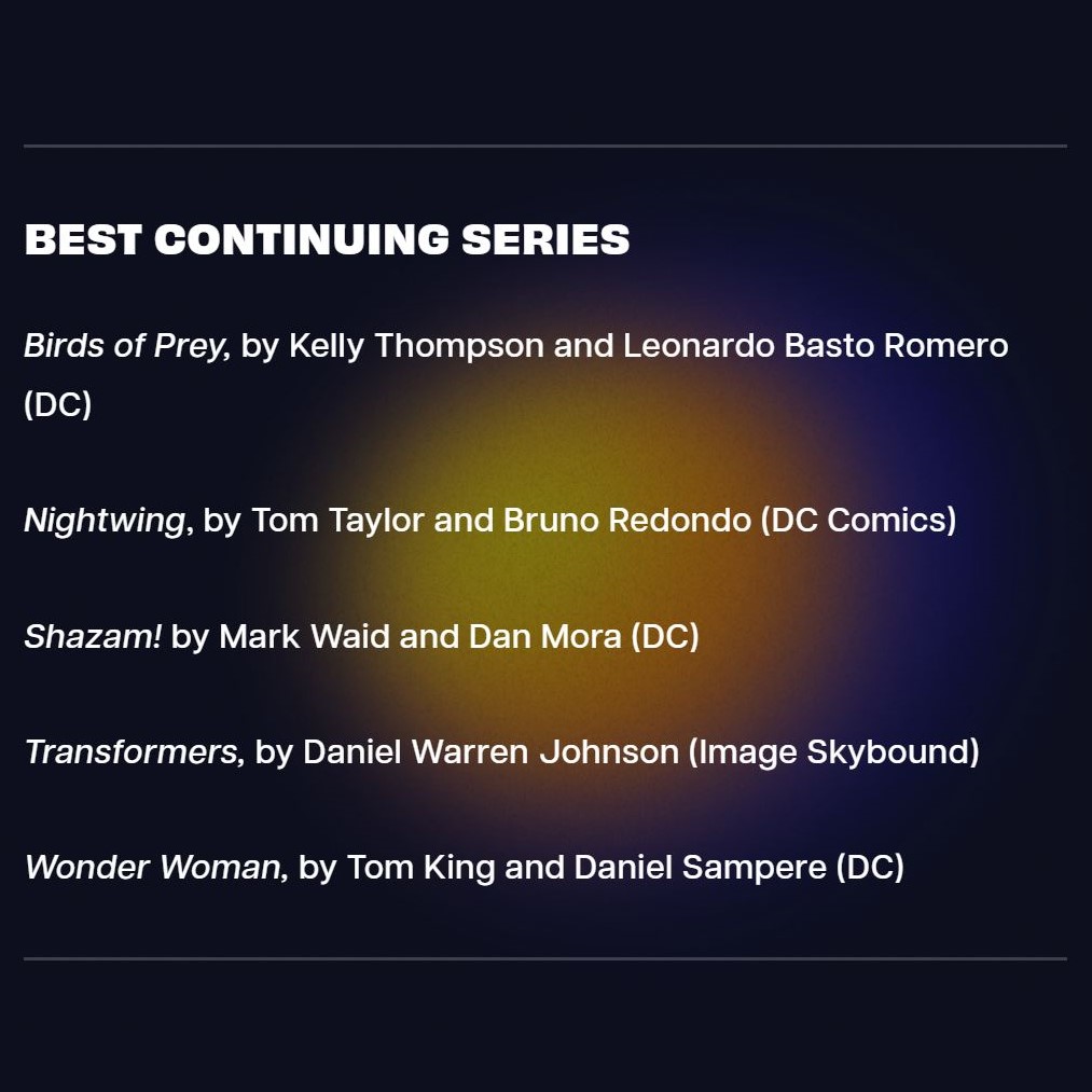 Absolutely blown away to be nominated for three Eisner Awards, including Best Writer. Incredible to be included alongside so many people whose work I love.