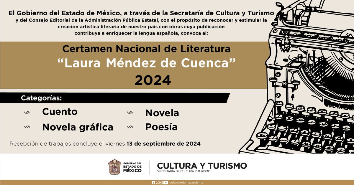 Ya está abierta la convocatoria del #CertamenLauraMéndezDeCuenca 2024, la recepción de trabajos es hasta el 13 de septiembre y los géneros en los que podrás participar son: cuento, novela, poesía y novela gráfica. Busca las bases EN: t.ly/W_B3l
