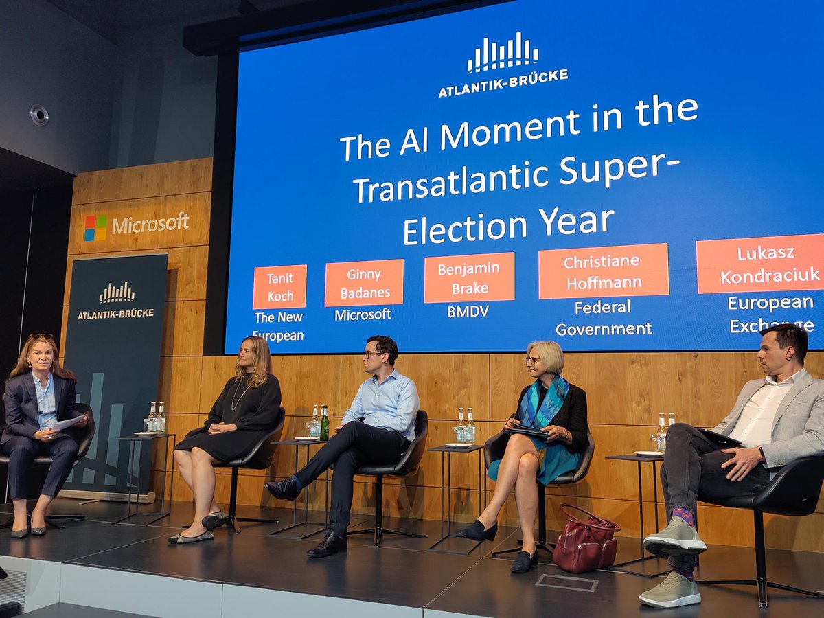 "We should foster collaboration &amp; synergy between govs, tech companies, civil society to harness the full potential of AI while safeguarding liberal democracy." - <a href="/lukaszkk/">Lukasz Kondraciuk</a> 

Exciting evening panel at @AtlantikBruecke on "The AI moment in the Transatlantic Super-Election Year"!