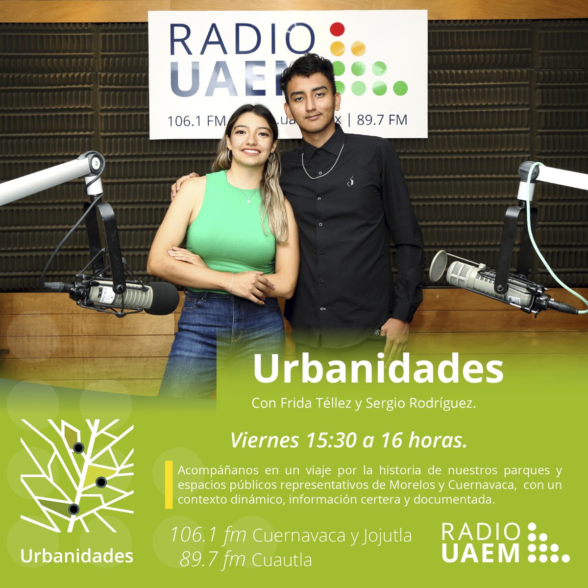 'Urbanidades' programa en @radiouaem todos los viernes a partir de las 15:30 horas con Frida Téllez y Sergio Rodríguez en las frecuencias 106.1 en Cuernavaca y Jojutla, y 89.7 en Cuautla | Consulta la programación en radio.uaem.mx | #SomosRadioPúblicaUniversitaria📻