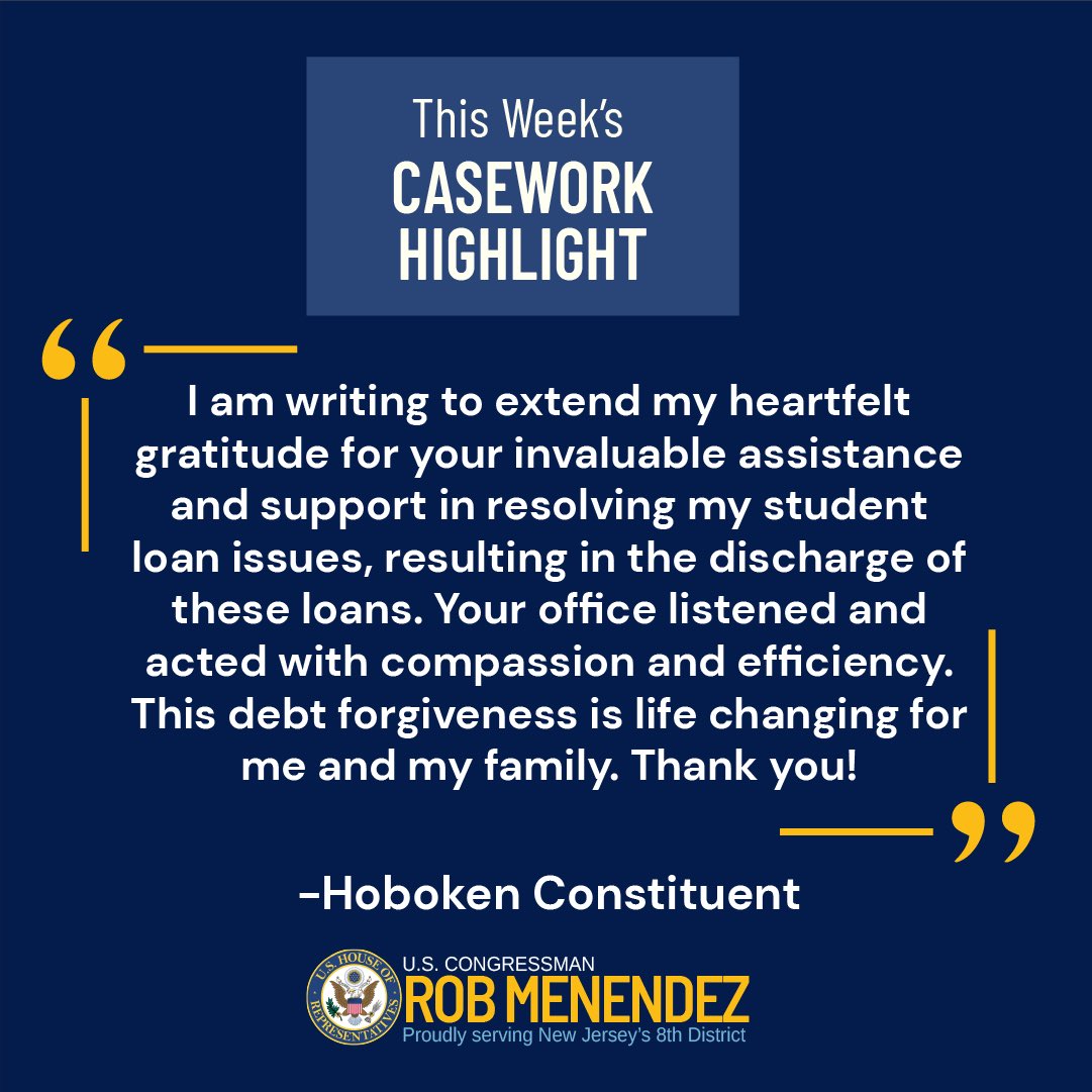 🚨Casework Highlight🚨 A @CityofHoboken constituent reached out to our help w/ their student loan forgiveness. We contacted @usedgov + a few days later, we were able to resolve the issue. If you need help w/ a federal agency, contact us at (201) 309-0301