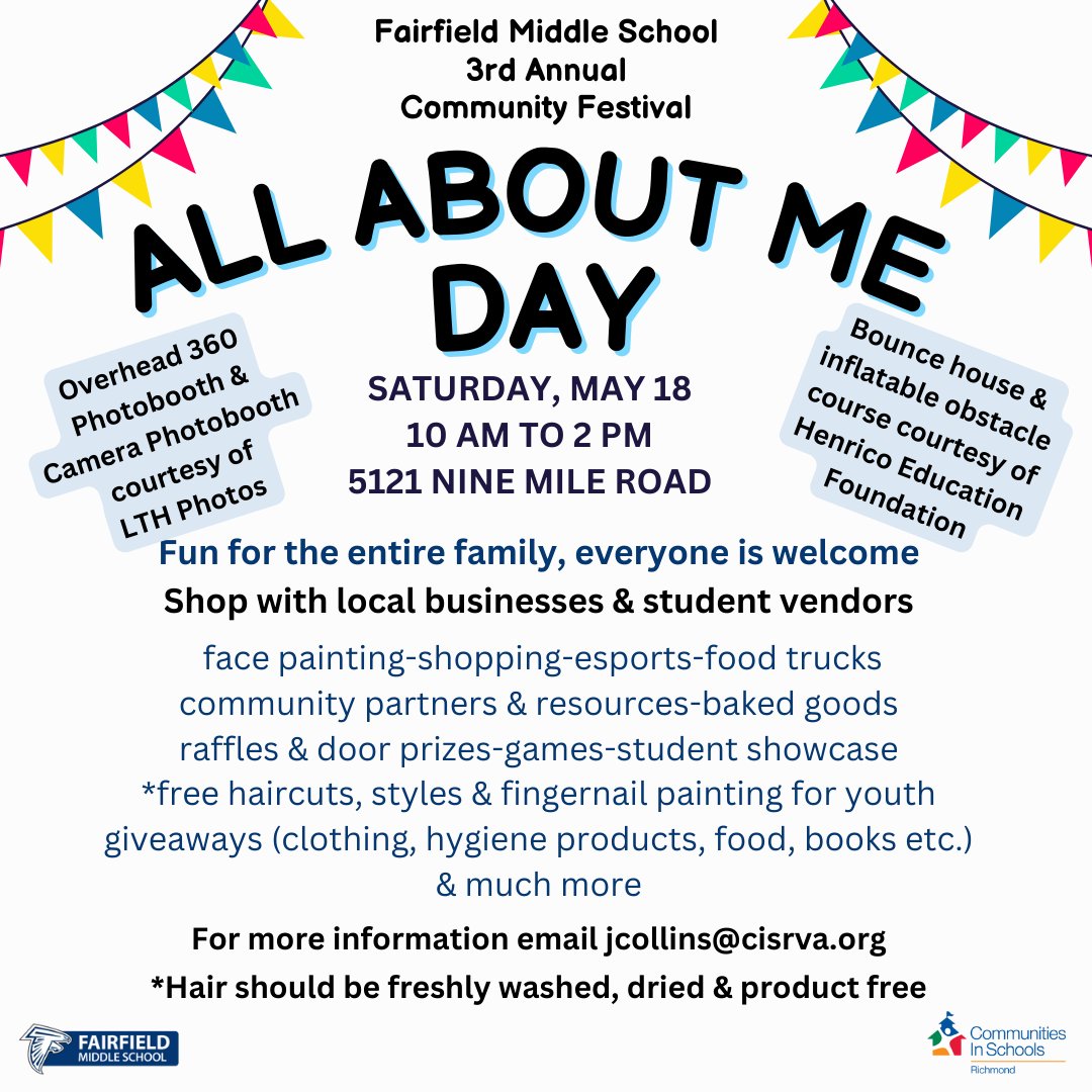 Hey, Henrico! Everyone across the county is invited for the third annual All About Me Day, which is 10 a.m.-2 p.m. Saturday at Fairfield Middle (5121 Nine Mile Road, Henrico, Va. 23223). 🥳 MORE THAN 100 LOCAL AND STUDENT VENDORS will be there to bring the fun for everyone!