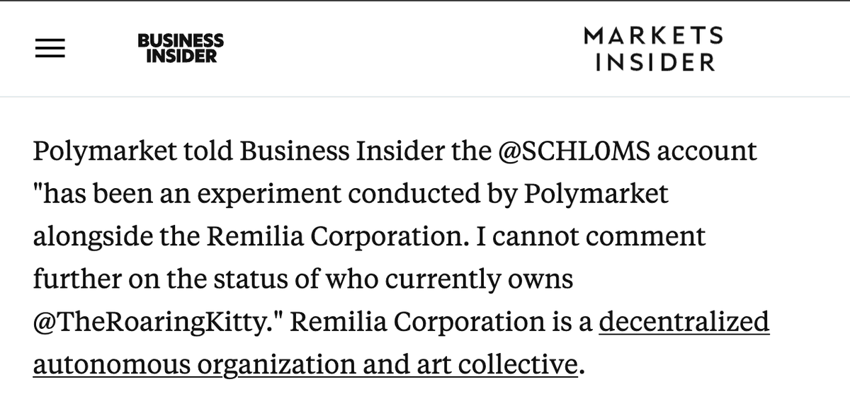 Thank you @BusinessInsider. @SHL0MS was a social experiment conducted by us and @remiliacorp. We cannot comment on who currently owns @TheRoaringKitty.