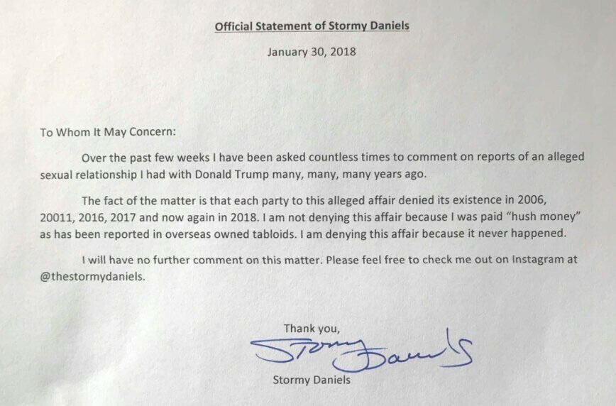 How many people have not seen this, which has been confirmed and widely available since at least last month? Stormy acknowledged it’s real but she now says she was lying when she signed it. If your news sources didn’t show it to you, can you trust them?