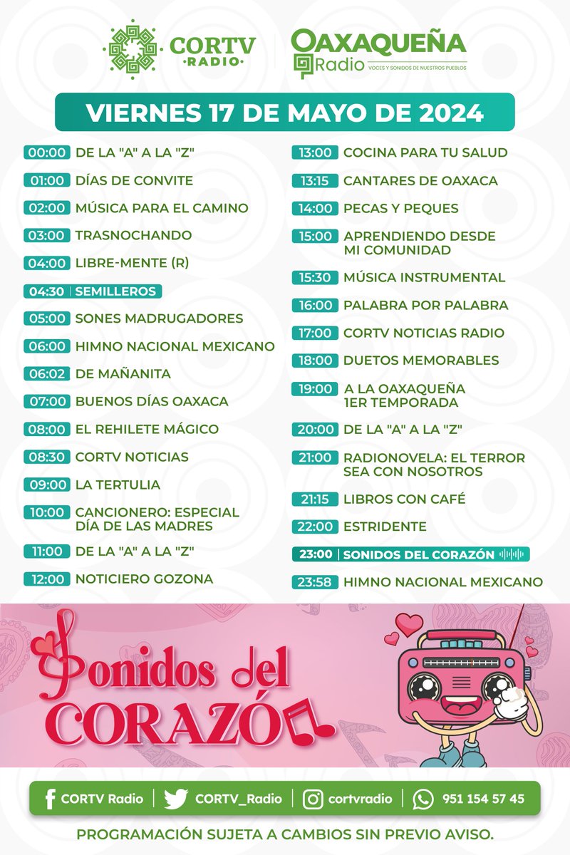 Te compartimos nuestra programación radiofónica de este viernes. 📻🎶 Sintonízanos por #OaxaqueñaRadio y #Global 96.9 oaxaca.gob.mx/cortv/ #Oaxaca @cortv