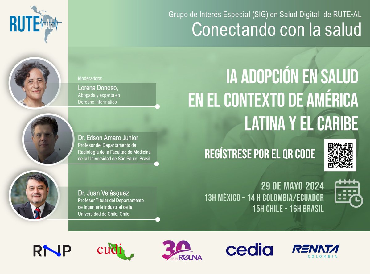 El miércoles 29 de mayo, a las 15:00 horas, acompáñanos en el webinar de RUTE-AL: “#IA adopción en #salud en el contexto de América Latina y el Caribe”. Más información en: t.ly/rawhy Inscripciones en: t.ly/elU9g