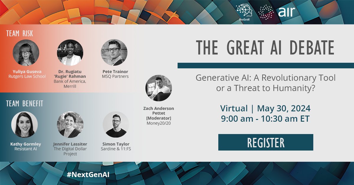 Join us for this upcoming #nextgenai virtual debate about the risks and benefits of Generative AI. Are you #TeamBenefit or #TeamRisk? 📅 Thursday, May 30, 2024 🕠 9:00 am - 10:30 am ET 📍 Virtual 💲 Free to attend 🎟 Register via cvent.me/AXDDl1